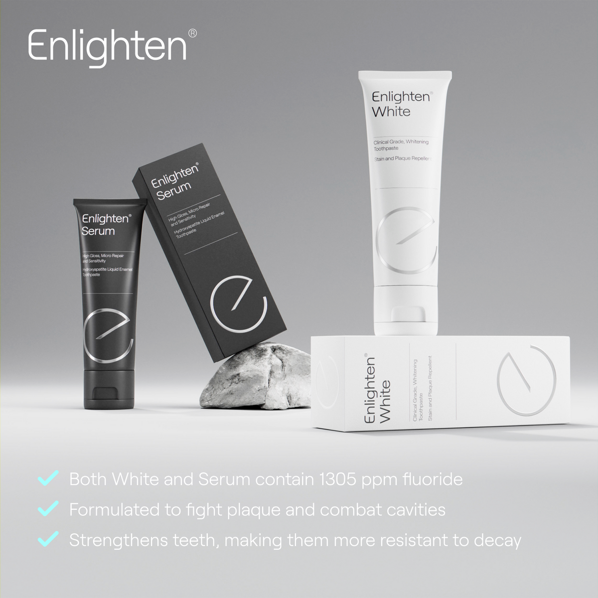 Enlighten White and Serum toothpaste displaying product benefits 